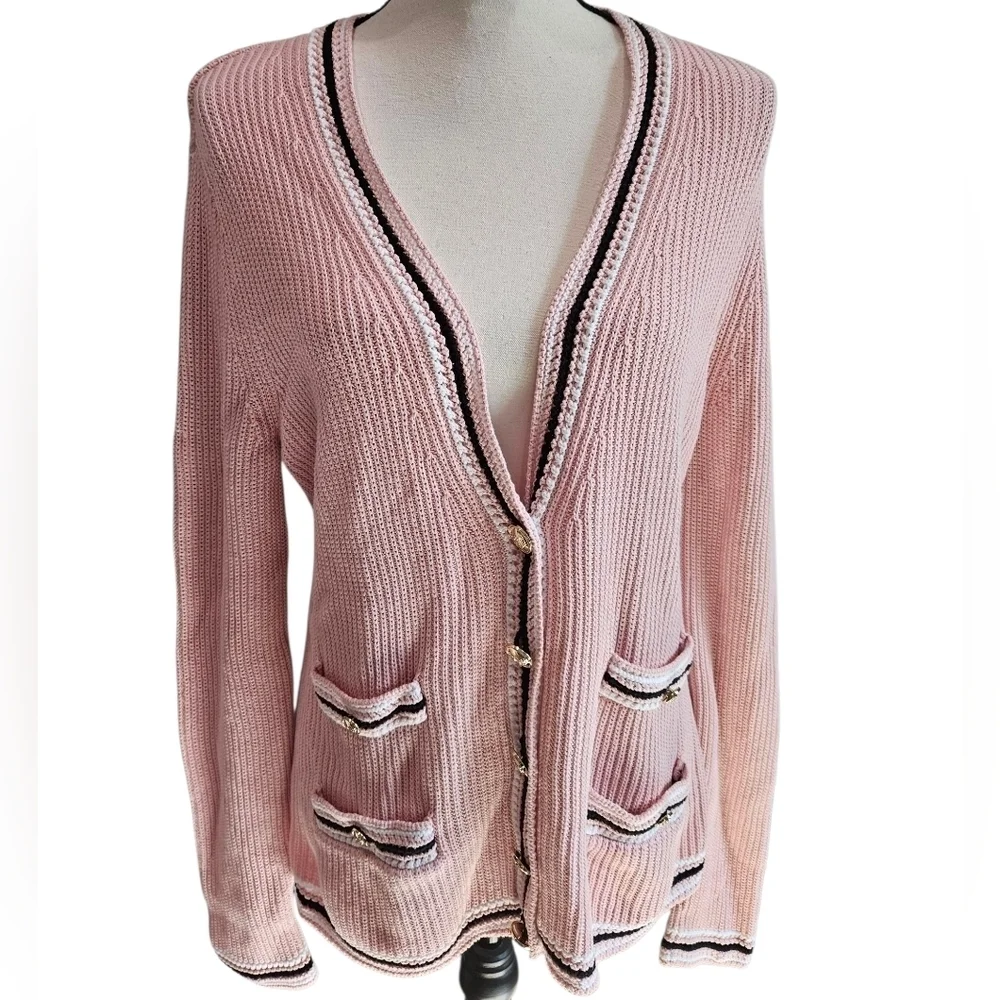 Talbots Gold Button Preppy Cotton Pink V-Neck Women's Cardigan Sweater